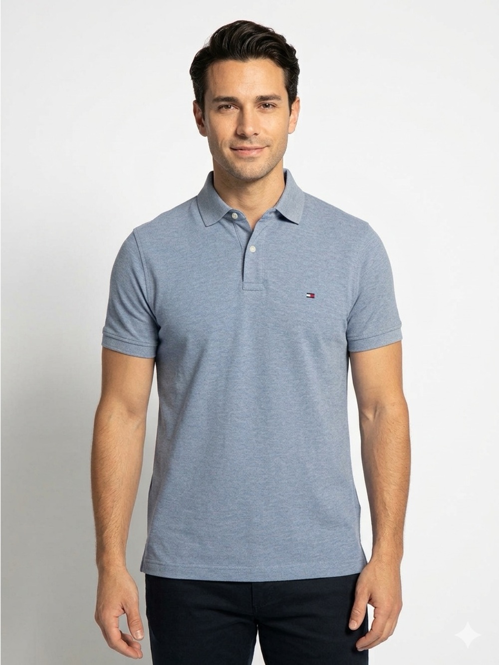 TOMMY HILFIGER Heather Blue Polo Shirt Mens Size S Small EUC $69